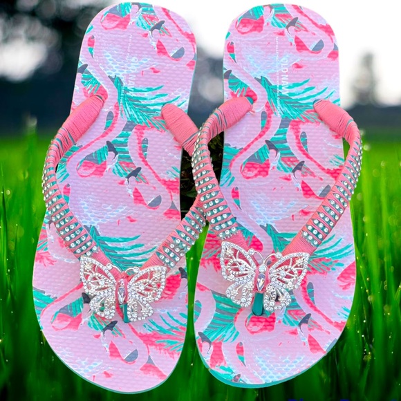 Adult Male Size 6-7, Women Size 7, Peach Flamingo, Crystal Butterfly - Picture 2 of 15